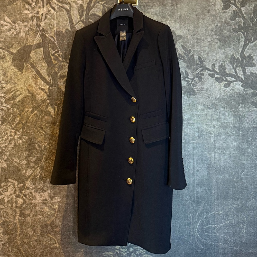 Smythe Black Tailored Wool-Blend Blazer Coat with Gold Buttons